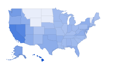 A chart of searches for Sword Art Online by state from August 2012 to August 2013